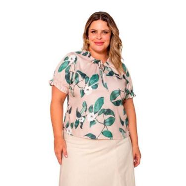 Imagem de Blusa feminina plus size manga curta estampa tropical com renda em cre