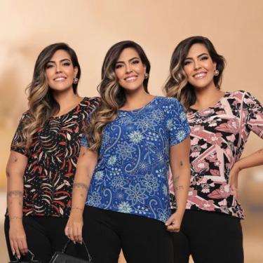 Imagem de Kit 3 Blusas Plus Size Estampada Casual Manga Curta Liganete Estampa S