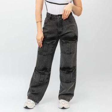 Imagem de Calça Jeans Cargo Feminina Pantalona Wide Leg Cintura Alta Elegante Co
