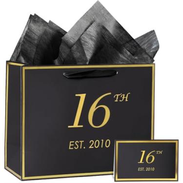 Imagem de momoake Saco de presente de aniversário de 16 anos com cartão e papel de seda para homens e mulheres, 2010 16 anos 33 cm elegante ouro preto lembrança festa presente compras sacos de papel para