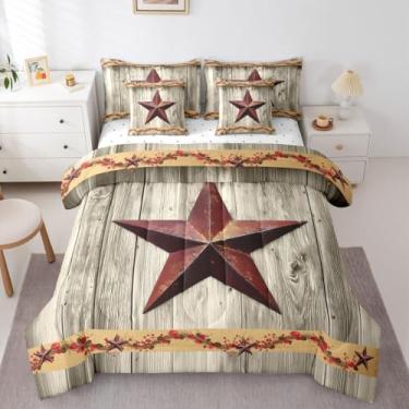 Imagem de Erosebridal Jogo de cama Queen com estrela do oeste do Texas, retrô, casa de fazenda, celeiro, para quarto de crianças, terracota, estampa de estrela, edredom rústico e vintage