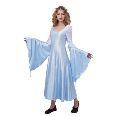 Imagem de Koalswm Vestido medieval renascentista gola V cordão manga sino vestido longo chemise fantasia feminina, Azul, Large