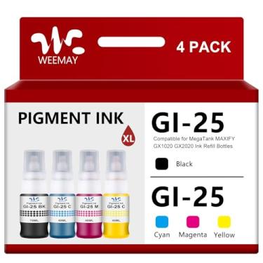 Imagem de Weemay Refil de tinta de pigmento compatível GI-25 GI-25BK para substituição para Canon 25 GI-25 GI25 Tinta para uso com impressora Canon MAXIFY MegaTank GX1020 GX2020 (preto, ciano, magenta, amarelo