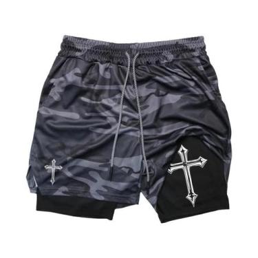Imagem de Shorts De Corrida Masculinos Com Estampa De Cruz Cristã 2 Em 1 Para Tr