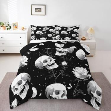 Imagem de Castle Fairy Conjunto de edredom de esqueleto de caveira, tamanho Queen, flores abstratas, decoração de quarto, estilo gótico, Halloween, conjunto de colcha para crianças, meninos, meninas, arte