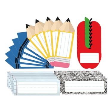 Imagem de Whaline 50 peças de adesivos autoadesivos de placa de identificação de volta às aulas composição do caderno lápis de maçã giz de cera etiqueta de nome em branco para quadro de avisos, mesa, escritório