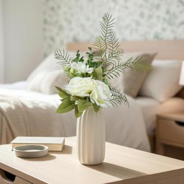 Imagem de PartyforU Flores artificiais com vaso – arranjo inferior falso de rosa branca para decoração de mesa de jantar, flores falsas em vaso para banheiro, casa de fazenda, decoração de casa