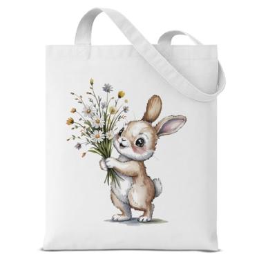 Imagem de QYCFDXD Sacola fofa com estampa de coelho dupla face, reutilizável, bolsa de mão com alças de ombro fixas, presente para amantes de coelho