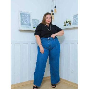 Imagem de Calça Jeans Feminina Plus Size Azul Royal Wideleg Cintura Alta 