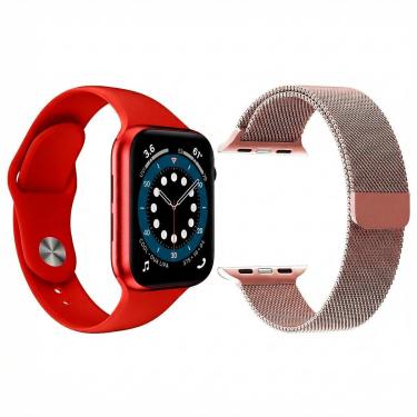 Imagem de Kit 1 Relógio Inteligente SmartWatch W46 S Vermelho Android iOS + 1 Pulseira Extra Milanese Rosa-Unissex