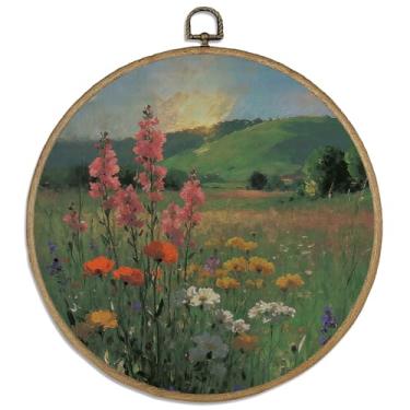 Imagem de DELORIGIN Decoração de arte de parede emoldurada redonda do campo 25,4 cm paisagem floral vintage impressão em tela arte em tela moldura circular impressão de arte para porta de casa de fazenda quarto