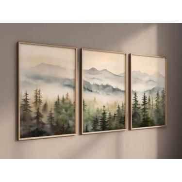 Imagem de 3 peças de arte de parede de abeto com vista de montanha enevoada, impressão costeira, pintura em tela, arte para sala de estar, decoração de casa com moldura interna