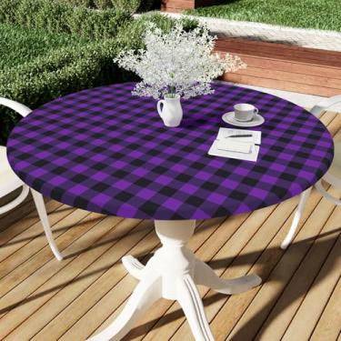 Imagem de Smiry Toalha de mesa redonda de piquenique, toalha de mesa elástica impermeável de vinil para mesas de 114 a 142 cm, capa de mesa xadrez de búfalo com forro de flanela para jantar, acampamento, ao ar