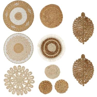 Imagem de 10 cestas de parede boêmia rota decoração de parede de vime redondo cestas de parede para decoração de quarto e sala de estar (estilo 1)