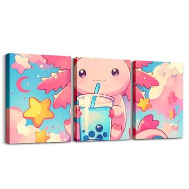 Imagem de Feelyou Axolotl Arte de parede em tela para sala de estar quarto bolha chá pintura decoração salamandra crianças meninos meninas imagem arte kawaii pôsteres impressões 30,5 x 40,6 cm x 3 peças