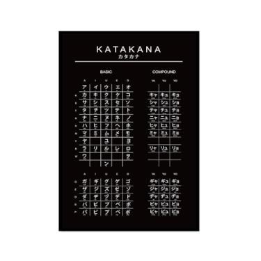 Imagem de Pôster do gráfico do alfabeto japonês Hiragana Katakana preto e branco pintura em tela educação aprender impressões escritório decoração sala de aula (SKU12,12x45,7 cm = (30 x 45 cm), moldura preta