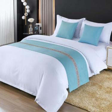 Imagem de Cachecol para cama de hotel, moderno, macio, cor sólida, toalha de cama, proteção para a pele, quarto, durável, roupa de cama decorativa para solteiro, Queen, tamanho king, azul. ||50 x 240 cm para