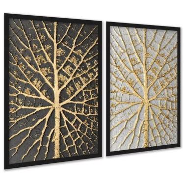 Imagem de Kit 2 Quadros Árvores Raízes Preto Branco Dourado 45X34Cm