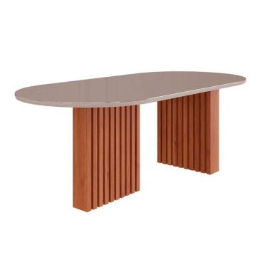 Imagem de Mesa Multiuso Cozinha Cimol Ester c/ Tampo Madeirado c/ Vidro Oval 210cm Cinamomo/Off White
