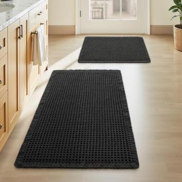 Imagem de Conjunto de 2 tapetes de banheiro de waffle atualizados, super absorventes e antiderrapantes para o chão do banheiro, conjunto de 2 peças com borlas, conjunto de tapetes de banheiro macios, 43 x 61 cm