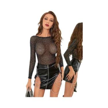 Imagem de Body Feminino Sexy De Rede Com Manga Comprida, Strass Brilhantes, Ajus