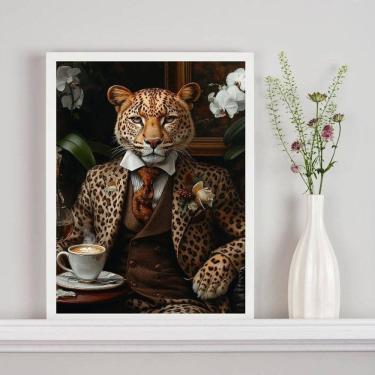 Imagem de Quadro Onça Elegante Tomando Café 24X18Cm