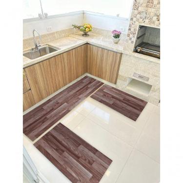Imagem de Kit 3 Peças Jogo Cozinha Passadeira Manta Vinilico Laminado Madeira Marrom Escuro