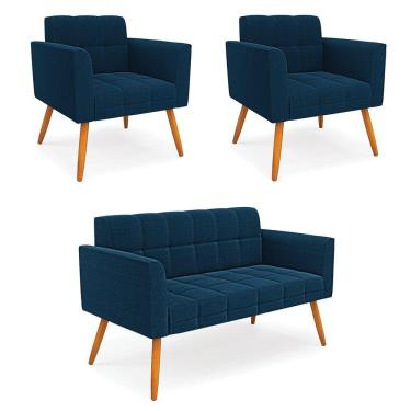 Imagem de Namoradeira E 2 Poltronas Pé Palito Castanho Elisa Bouclê D03 - D'rossi Cor Azul