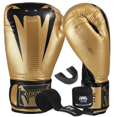Imagem de Kit Luva de Boxe Muay Thai Venum Giant Evo Profissional Dourado com Bandagem 4m e Protetor Bucal-Unissex