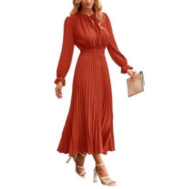 Imagem de Vestido PRETTYGARDEN 2025 Swiss Dot Manga Longa Midi Vermelho Tijolo