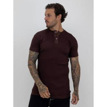 Imagem de Camiseta Slim Canelada Com Botão Lisa Estilo Americano Streetwear Justa ao Corpo Ribana Marrom-Masculino