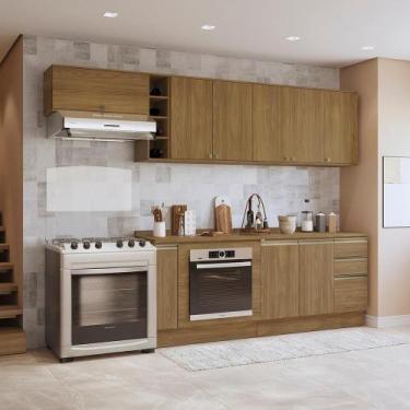 Imagem de Armário de Cozinha Completa 3 Gavetas 100% MDF 300cm Nogueira Celeste 