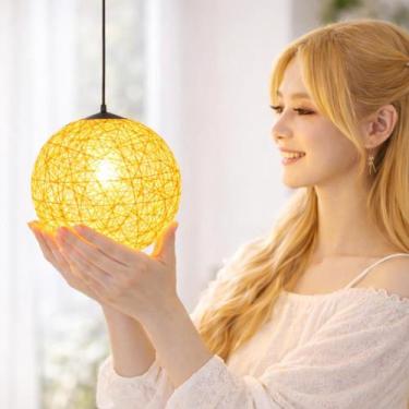 Imagem de Luminária Pendente 20cm Globo Rattan Natural Lustre Rústico Bola Teto 