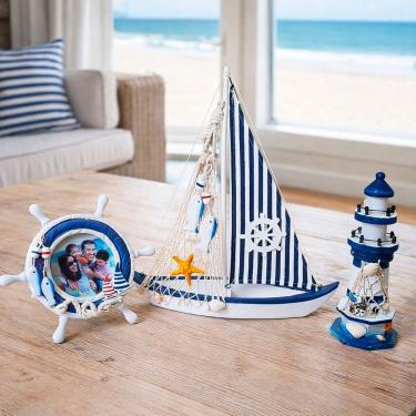 Imagem de Porta Retrato Com Barco Farol Decoração Mar Náutica Kit 3pçs
