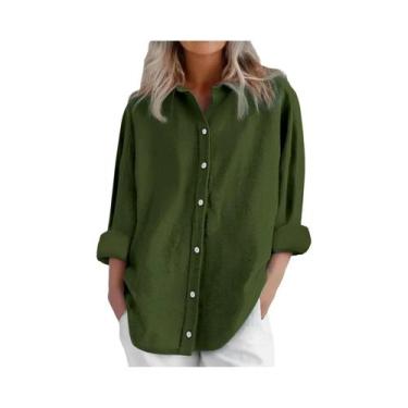 Imagem de Camisa Casual Feminina De Algodão E Linho Manga Longa Cor Sólida Com B