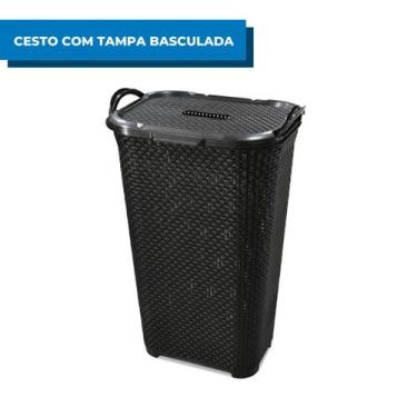 Imagem de Cesto De Roupa Multiuso Rattan Com Tampa Preto 50L Arqplast