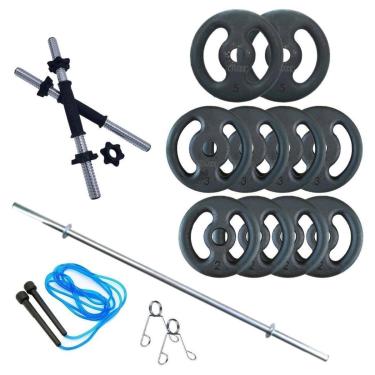 Imagem de Kit Musculação 30 Kg Barras E Anilhas + Corda - Treino Em Casa-Unissex