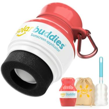 Imagem de Kit de Viagem Solar Buddies Grab & Go com Mosquetão e Escova – Vermelho Completo – Aplicador Recarregável com Rolo e Esponja para Protetor Solar – Infantil e Adulto – 100 ml/3,4 fl oz