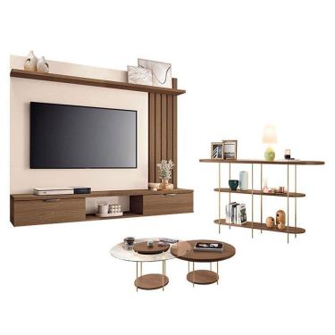 Imagem de Painel Suspenso Lets Castanho Off White com Kit Mesa de Centro Sky e Aparador Infinity Castanho - HB Móveis