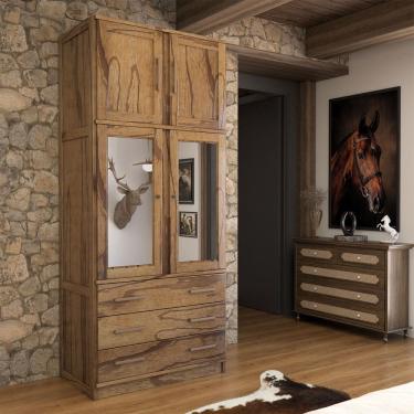 Imagem de Guarda-Roupa Solteiro Rústico 4 Portas 3 Gavetas Madeira Maciça com Espelho Castanho - Panorama Móveis