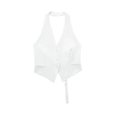 Imagem de Colete Cropped Preto Sem Mangas Ombro a Ombro Feminino Da Moda Com Dec