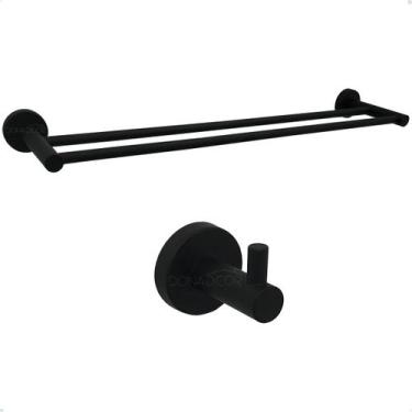 Imagem de Kit Acessório Banheiro Preto Porta Toalha Duplo 60cm E Gancho Pendurad