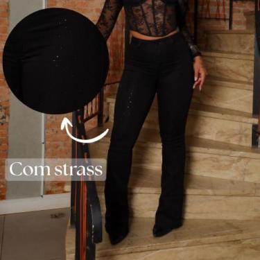 Imagem de Faraya Jeans Calça Flare Preta com strass/brilho aplicação Cintura alt