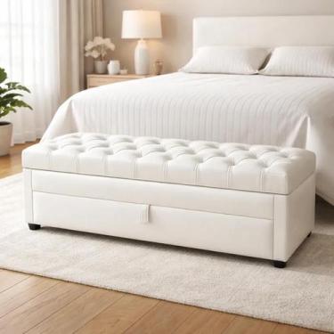 Imagem de Puf Baú Gaveta Para Cama de Casal 140x50x45cm Na Cor Branca - Tecido E