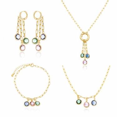 Imagem de Conjunto Semijoias Cristais Coloridos Brinco Pulseira e 2 Colares Banh