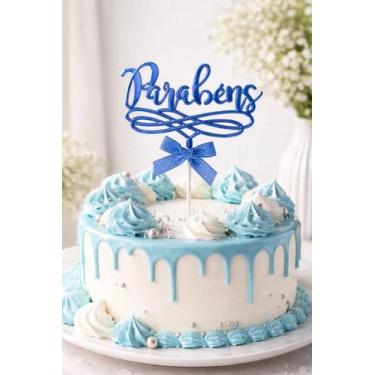 Imagem de Topo De Bolo Parabéns Decorativo Festa Aniversário Metalizad Azul Para
