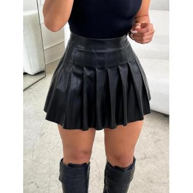 Imagem de Saia Feminina Curta Couro Plissada Pregas Cintura Alta - Swiss Boutiqu