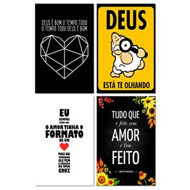 Imagem de Kit 4 Placas Decorativas Frases Deus é Bom 20x30 cm Mdf