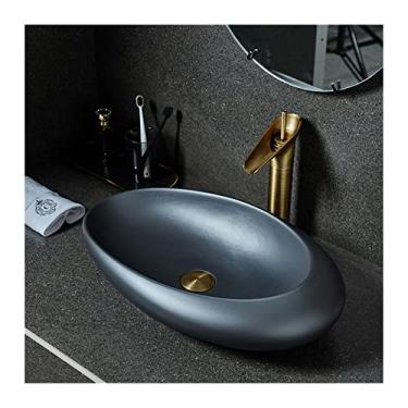 Imagem de jinyi2016SHOP Pias de pia de cerâmica para bancada, pia oval para pia de banheiro, lavatório de banheiro, 55 x 36 x 14,5 cm, cinza escuro