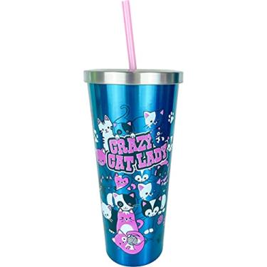 Imagem de Spoontiques Aço inoxidável com copo de aço com canudo, 680 g, Crazy Cat Lady